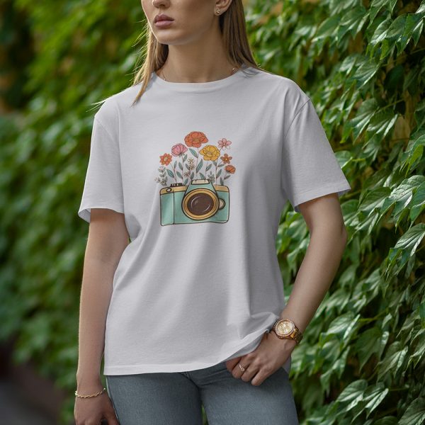 Camera With Flower - Half Sleeve T-Shirt for Women