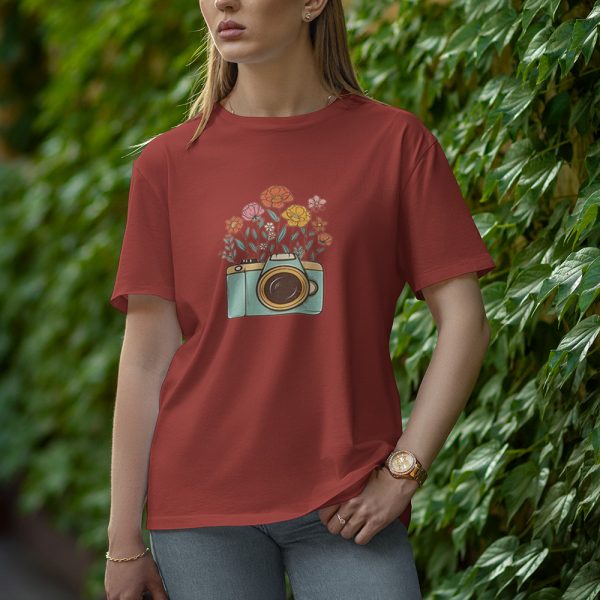 Camera With Flower - Half Sleeve T-Shirt for Women