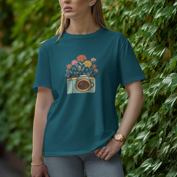 Camera With Flower - Half Sleeve T-Shirt for Women