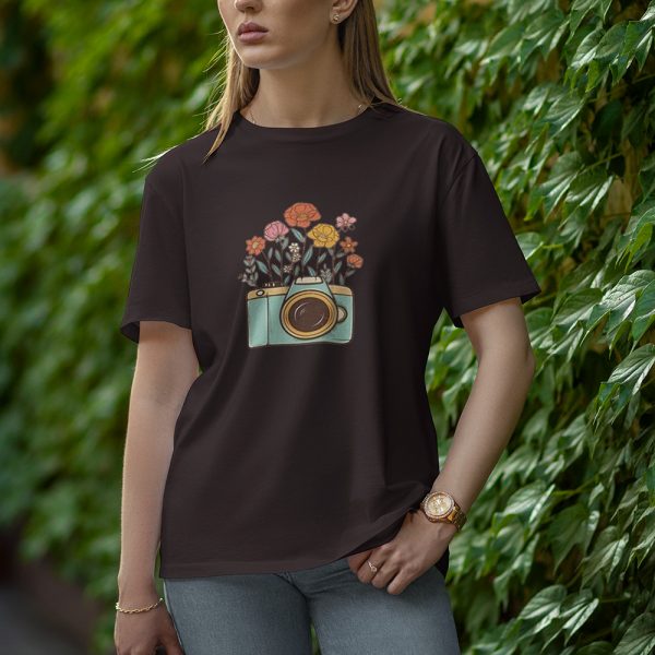 Camera With Flower - Half Sleeve T-Shirt for Women