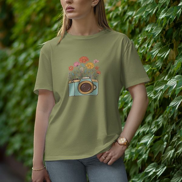 Camera With Flower - Half Sleeve T-Shirt for Women