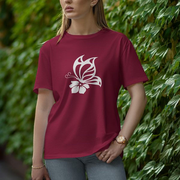 Flower With Butterfly - Half Sleeve T-Shirt for Women