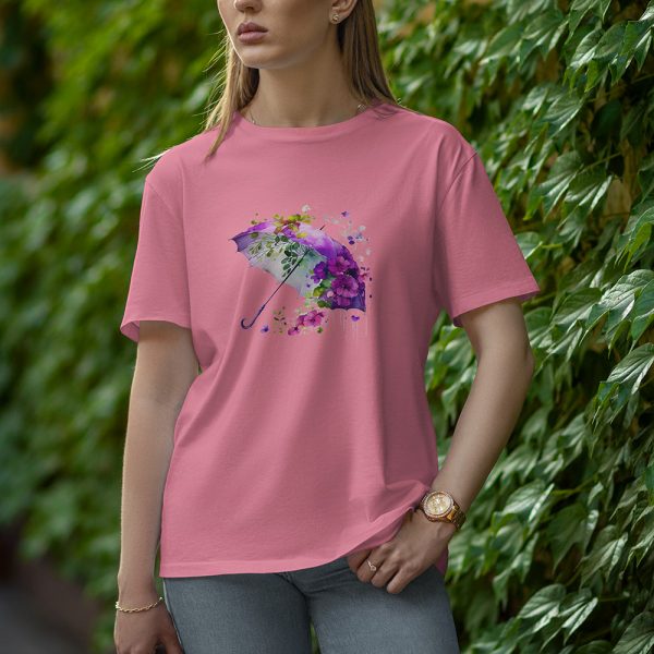 Umbrella With Flower - Half Sleeve T-Shirt for Women