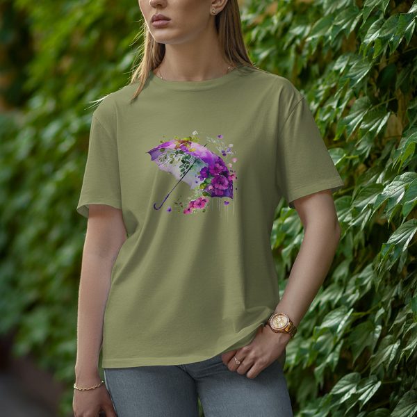 Umbrella With Flower - Half Sleeve T-Shirt for Women