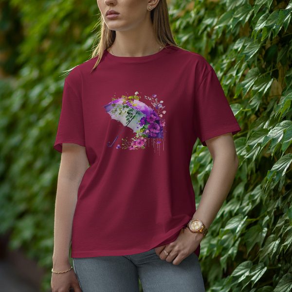 Umbrella With Flower - Half Sleeve T-Shirt for Women