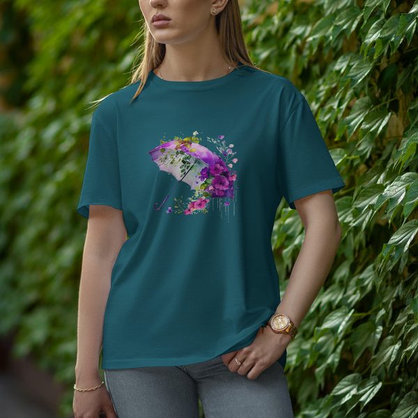 Umbrella With Flower - Half Sleeve T-Shirt for Women