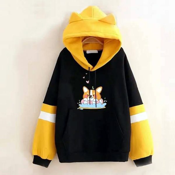 Premium Quality Stylish Cotton Hoodie Black And Yellow Color For Women